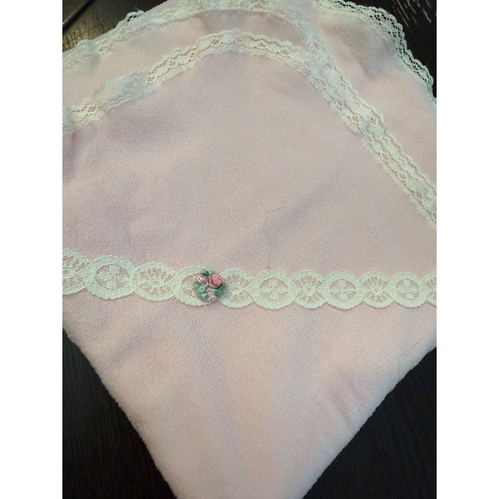 Vintage Style Pink Baby Receiving Blanket Lace Trim Floral Rosette 32x32